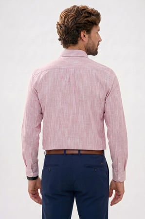 Erkek Slim Fit Dar Kesim Uzun Kollu %100 Pamuk Keten Efektli Düğmeli Yaka Rahat Kırmızı Gömlek