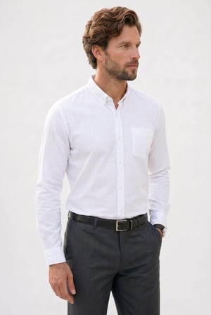 Erkek Slim Fit Dar Kesim Uzun Kollu %100 Pamuk Keten Efektli Düğmeli Yaka Rahat Beyaz Gömlek