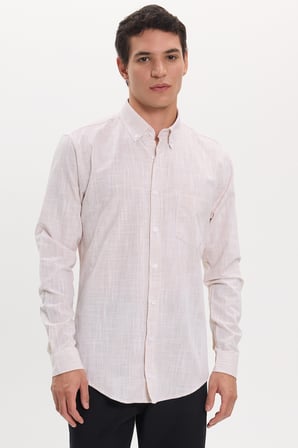 Erkek Slim Fit Dar Kesim Uzun Kollu %100 Pamuk Keten Efektli Düğmeli Yaka Rahat Bej Gömlek