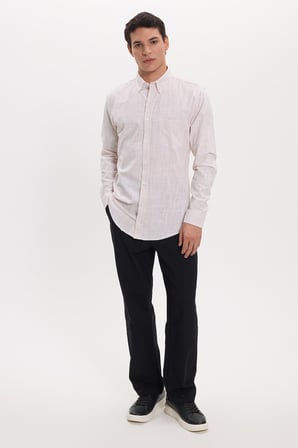 Erkek Slim Fit Dar Kesim Uzun Kollu %100 Pamuk Keten Efektli Düğmeli Yaka Rahat Bej Gömlek