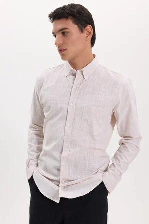 Erkek Slim Fit Dar Kesim Uzun Kollu %100 Pamuk Keten Efektli Düğmeli Yaka Rahat Bej Gömlek