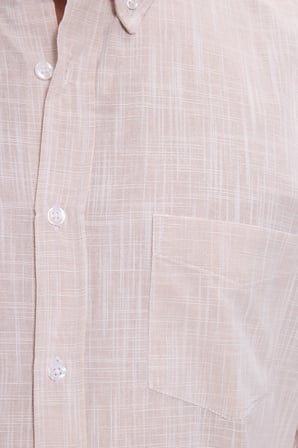 Erkek Slim Fit Dar Kesim Uzun Kollu %100 Pamuk Keten Efektli Düğmeli Yaka Rahat Bej Gömlek