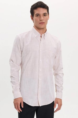 Erkek Slim Fit Dar Kesim Uzun Kollu %100 Pamuk Keten Efektli Düğmeli Yaka Rahat Bej Gömlek