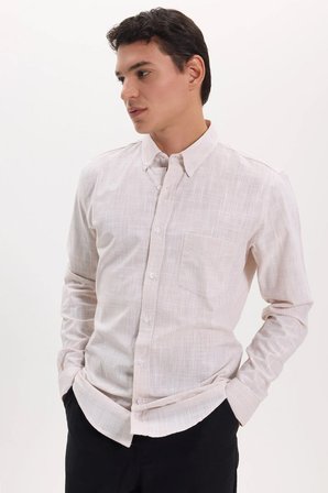 Erkek Slim Fit Dar Kesim Uzun Kollu %100 Pamuk Keten Efektli Düğmeli Yaka Rahat Bej Gömlek