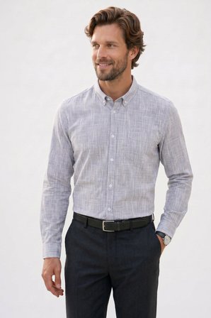 Erkek Slim Fit Dar Kesim Uzun Kollu %100 Pamuk Keten Efektli Düğmeli Yaka Rahat Gri Gömlek