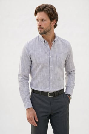 Erkek Slim Fit Dar Kesim Uzun Kollu %100 Pamuk Keten Efektli Düğmeli Yaka Rahat Gri Gömlek