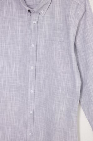 Erkek Slim Fit Dar Kesim Uzun Kollu %100 Pamuk Keten Efektli Düğmeli Yaka Rahat Gri Gömlek