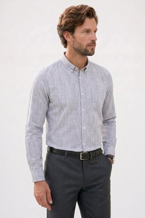 Erkek Slim Fit Dar Kesim Uzun Kollu %100 Pamuk Keten Efektli Düğmeli Yaka Rahat Gri Gömlek