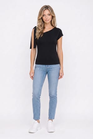 Kadın Slim Fit Dar Kesim Kısa Kollu Kayık Yaka Siyah Bluz
