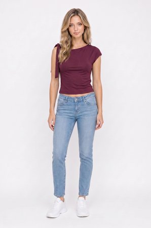 Kadın Slim Fit Dar Kesim Kısa Kollu Kayık Yaka Bordo Bluz