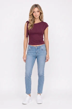 Kadın Slim Fit Dar Kesim Kısa Kollu Kayık Yaka Bordo Bluz