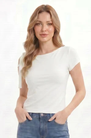 Kadın Slim Fit Dar Kesim Kısa Kollu Kayık Yaka Ekru Bluz