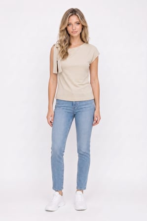 Kadın Slim Fit Dar Kesim Kısa Kollu Kayık Yaka Bej  Bluz