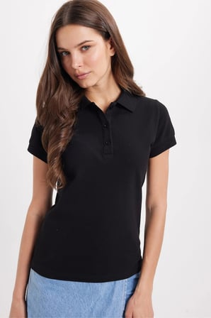 Kadın Slim Fit Dar Kesim %100 Pamuk Polo Yaka Siyah Pike Tişört 