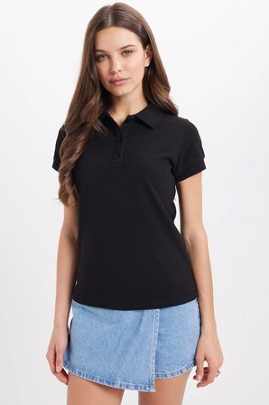 Kadın Slim Fit Dar Kesim %100 Pamuk Polo Yaka Siyah Pike Tişört 