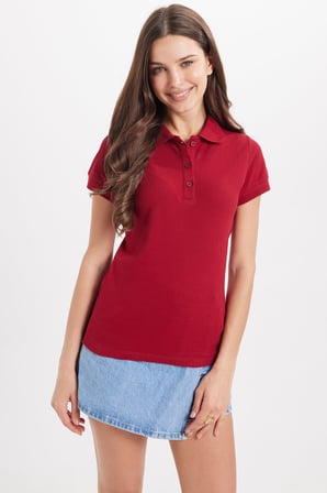 Kadın Slim Fit Dar Kesim %100 Pamuk Polo Yaka Bordo Pike Tişört 