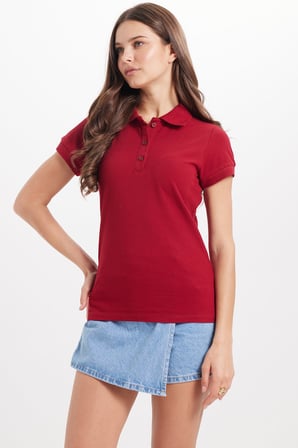 Kadın Slim Fit Dar Kesim %100 Pamuk Polo Yaka Bordo Pike Tişört 