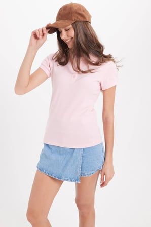 Kadın Slim Fit Dar Kesim %100 Pamuk Polo Yaka Pembe Pike Tişört 