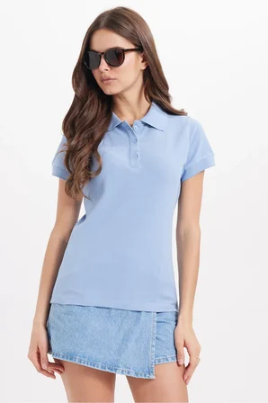 Kadın Slim Fit Dar Kesim %100 Pamuk Polo Yaka MaviPike Tişört 