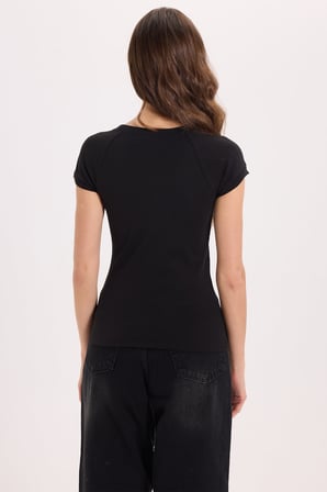 Kadın Slim Fit Dar Kesim Bisiklet Yaka Reglan Kol %100 Pamuk Siyah Tişört Bluz