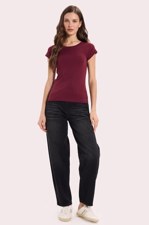 Kadın Slim Fit Dar Kesim Bisiklet Yaka Reglan Kol %100 Pamuk Bordo Tişört Bluz