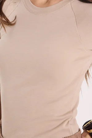 Kadın Slim Fit Dar Kesim Bisiklet Yaka Reglan Kol %100 Pamuk Taş Renk Tişört Bluz