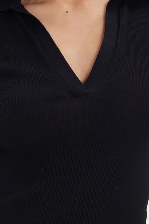 Kadın Slim Fit Dar Kesim Pamuklu Kısa Kollu Siyah Polo Yaka Tişört