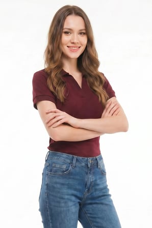 Kadın Slim Fit Dar Kesim Pamuklu Kısa Kollu Bordo Polo Yaka Tişört