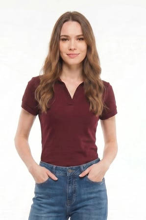 Kadın Slim Fit Dar Kesim Pamuklu Kısa Kollu Bordo Polo Yaka Tişört