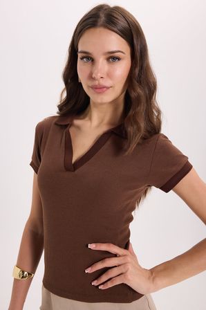 Kadın Slim Fit Dar Kesim Pamuklu Kısa Kollu Kahverengi Polo Yaka Tişört