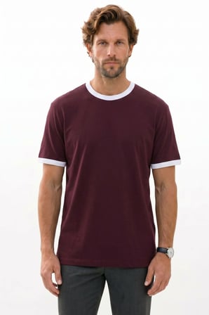 Erkek Regular Fit Klasik Kesim %100 Pamuk Kısa Kollu Bisiklet Yaka Bordo Tişört