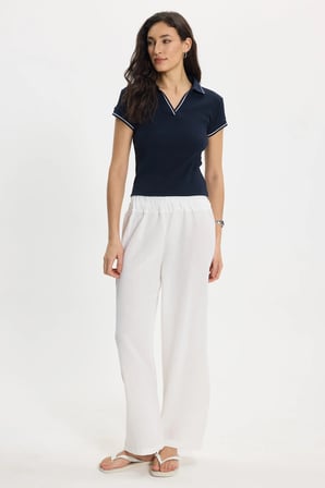 Kadın Slim Fit Dar Kesim Pamuklu Polo Yaka Kısa Kollu Lacivert Tişört