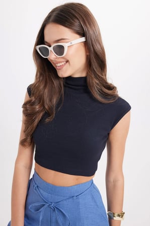 Kadın Slim Fit Dar Kesim Pamuklu Likralı Dik Yaka Sıfır Kol Yumuşak Dokulu Lacivert Crop Bluz