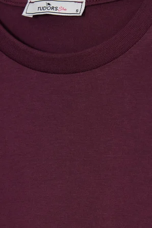 Kadın Relax Fit Rahat Kesim %100 Pamuk Bisiklet Yaka Bordo Tişört
