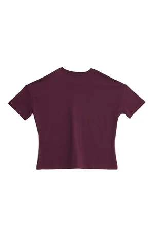 Kadın Relax Fit Rahat Kesim %100 Pamuk Bisiklet Yaka Bordo Tişört