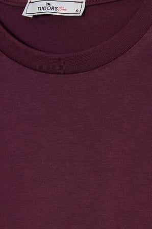 Kadın Relax Fit Rahat Kesim %100 Pamuk Bisiklet Yaka Bordo Tişört