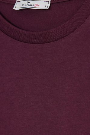 Kadın Relax Fit Rahat Kesim %100 Pamuk Bisiklet Yaka Bordo Tişört