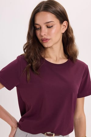Kadın Relax Fit Rahat Kesim Kısa Kollu Bisiklet Yaka Bordo Tişört