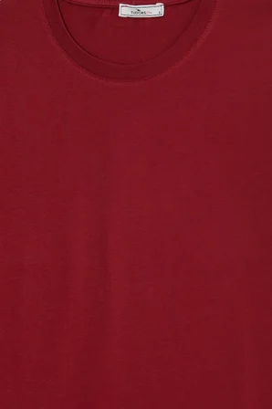 Kadın Relax Fit Rahat Kesim Kısa Kollu Bisiklet Yaka Bordo Tişört
