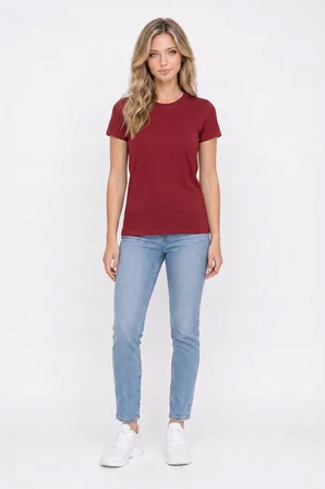 Kadın Relax Fit Rahat Kesim Kısa Kollu Bisiklet Yaka Bordo Tişört
