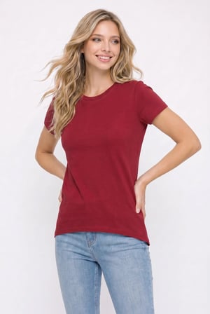 Kadın Relax Fit Rahat Kesim Kısa Kollu Bisiklet Yaka Bordo Tişört