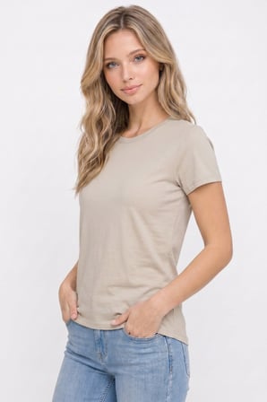 Kadın Relax Fit Rahat Kesim Kısa Kollu Bisiklet Yaka Bej Tişört
