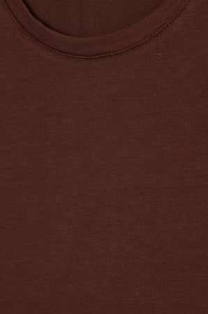 Kadın Slim Fit Dar Kesim Pamuklu Likralı Bisiklet Yaka Ay Kol Kahverengi Tişört