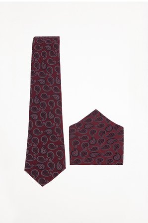 Erkek Bordo Paisley Desenli Klasik Kravat ve Cep Mendili Takımı