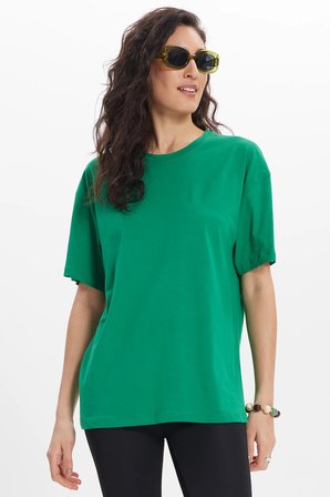 Kadın Slim Fit Dar Kesim %100 Pamuk Kısa Kollu Bisiklet Yaka Yeşil Tişört