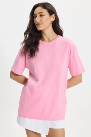 Kadın Slim Fit Dar Kesim %100 Pamuk Kısa Kollu Bisiklet Yaka Pembe Tişört