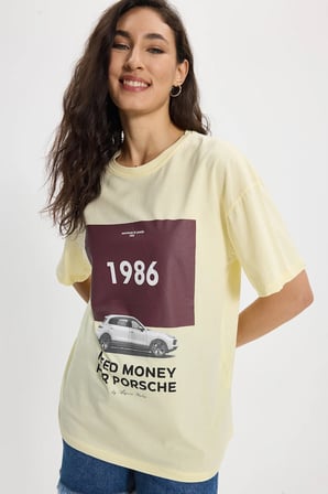 Kadın Oversize Geniş Kesim %100 Pamuk Bisiklet Yaka Kısa Kollu Baskılı Sarı Tişört