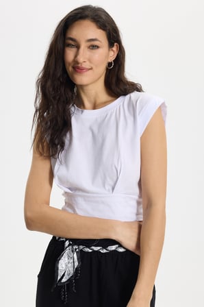 Kadın Slim Fit %100 Pamuk Pileli Yumuşak Doku Beyaz Bisiklet Yaka Crop Bluz