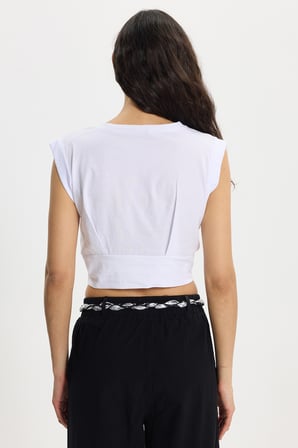 Kadın Slim Fit %100 Pamuk Pileli Yumuşak Doku Beyaz Bisiklet Yaka Crop Bluz