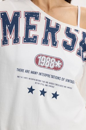 Kadın Oversize Geniş Kesim %100 Pamuk Kayık Yaka Kısa Kollu Baskılı Beyaz Tişört